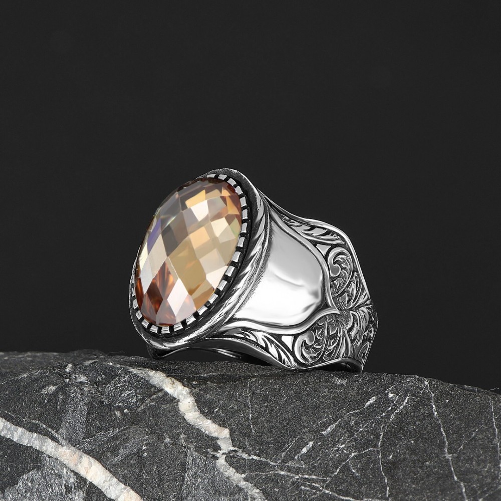 Hand Engraved  Model Citrine Stone 925 Sterling Silver Men's Ring