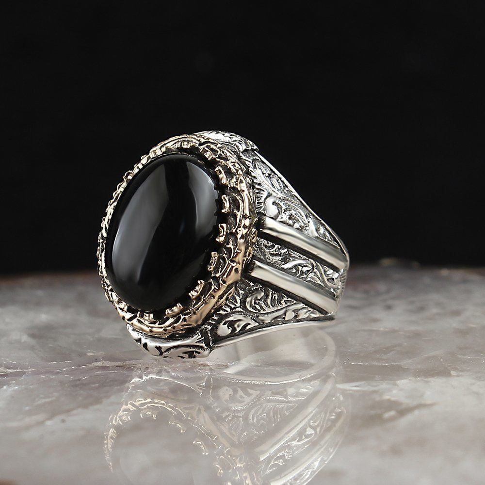 Onyx Stone Hand Engraved  Silver Men's Ring (Copy)