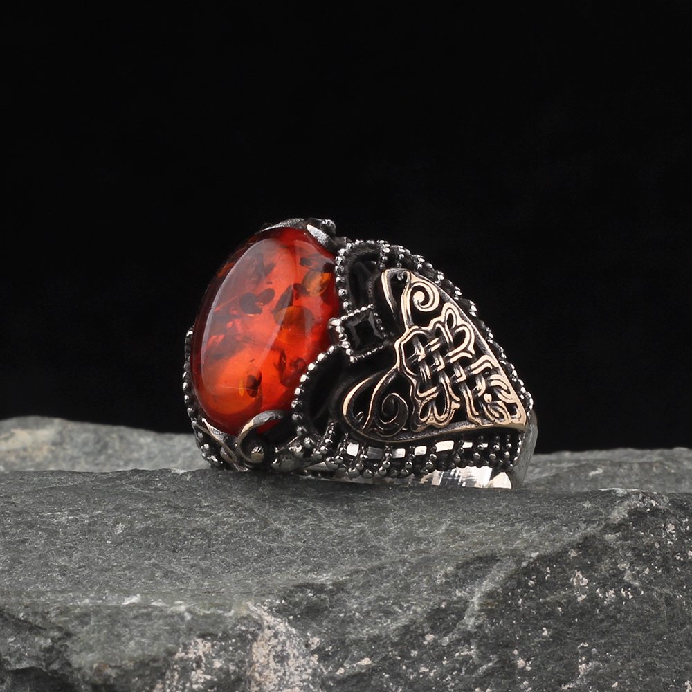 Amber Stone Hand Engraved  925 Sterling Silver Men's Ring