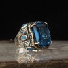 Blue Topaz Stone Hand Engraved  925 Sterling Silver Men's Ring