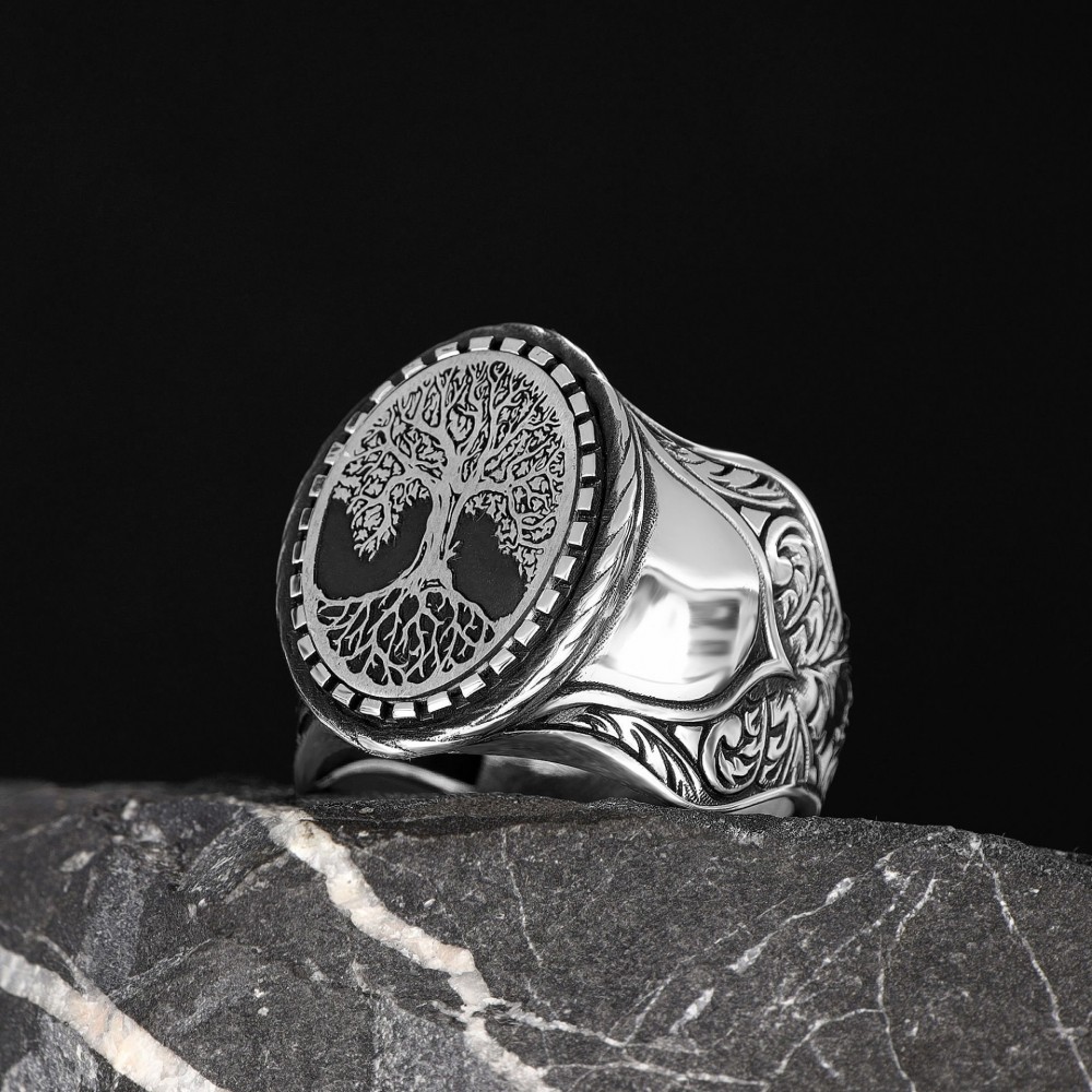Hand Engraved  Silver Ring with Tree of Life Symbol