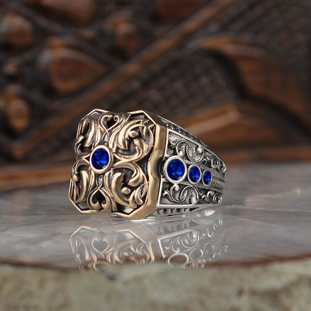 Hand Engraved  Zircon Stone Silver Men's Ring