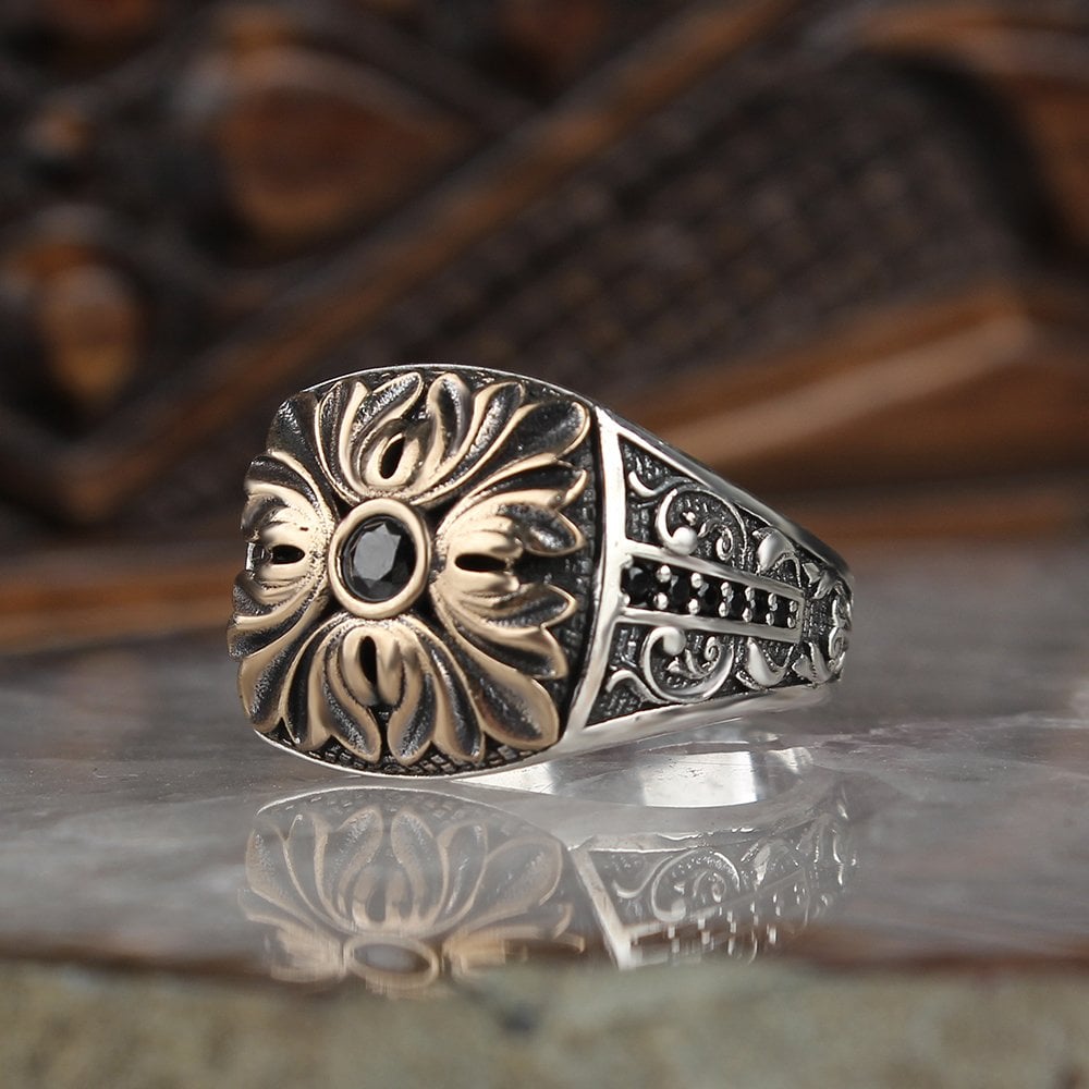 Hand Engraved  Zircon Stone Silver Men's Ring