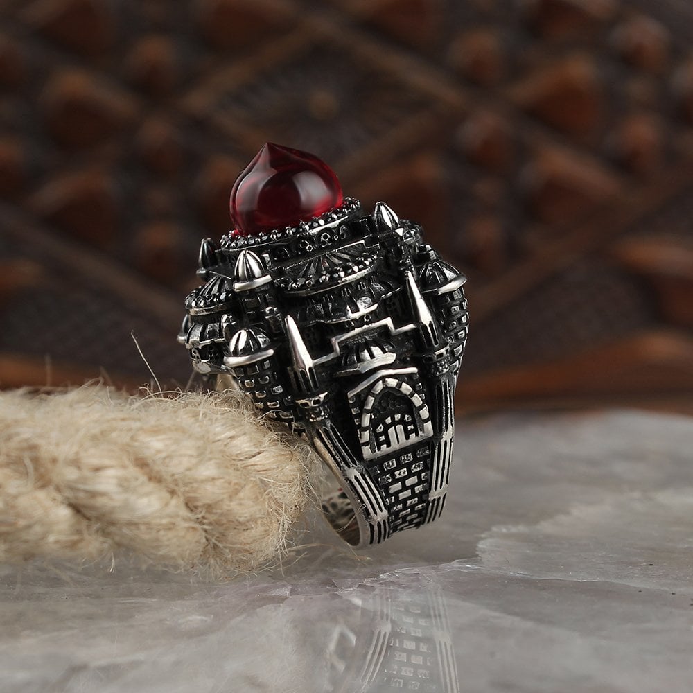 Mosque Model Silver Men's Ring with Amber Stone