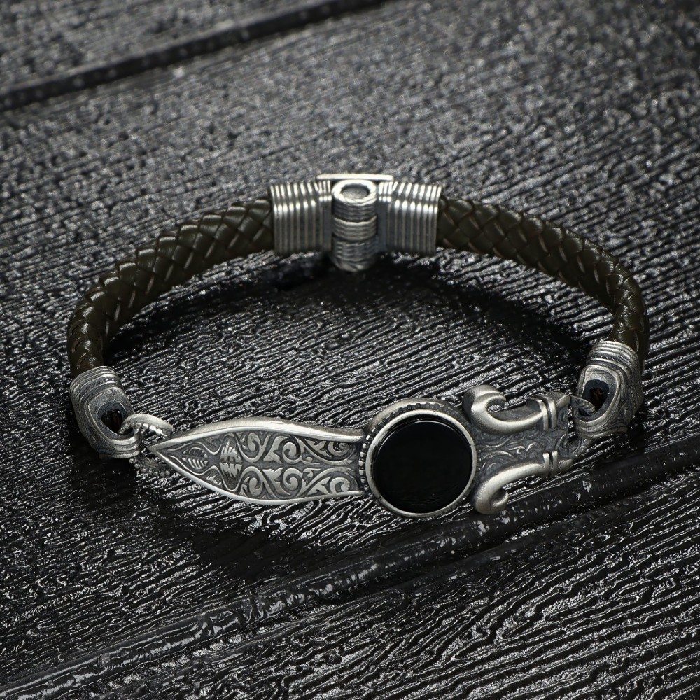 Hand Engraved  Sword Model Onyx Stone 925 Sterling Silver Leather Men's Bracelet
