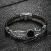 Hand Engraved  Sword Model Onyx Stone 925 Sterling Silver Leather Men's Bracelet