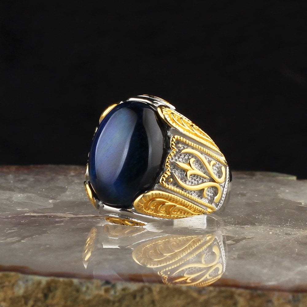 Blue Tiger Eye Stone Rhodium Plated 925 Sterling Silver Men's Ring