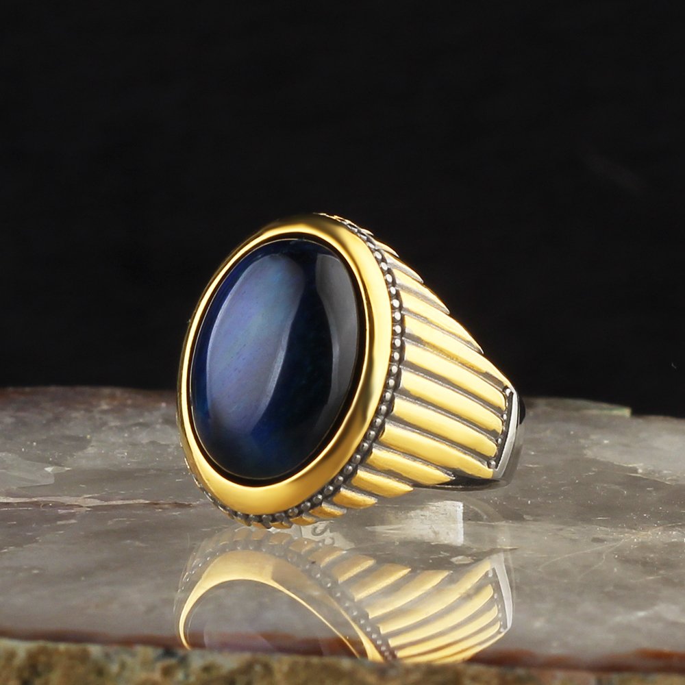 Blue Tiger Eye Stone Rhodium Plated 925 Sterling Silver Men's Ring