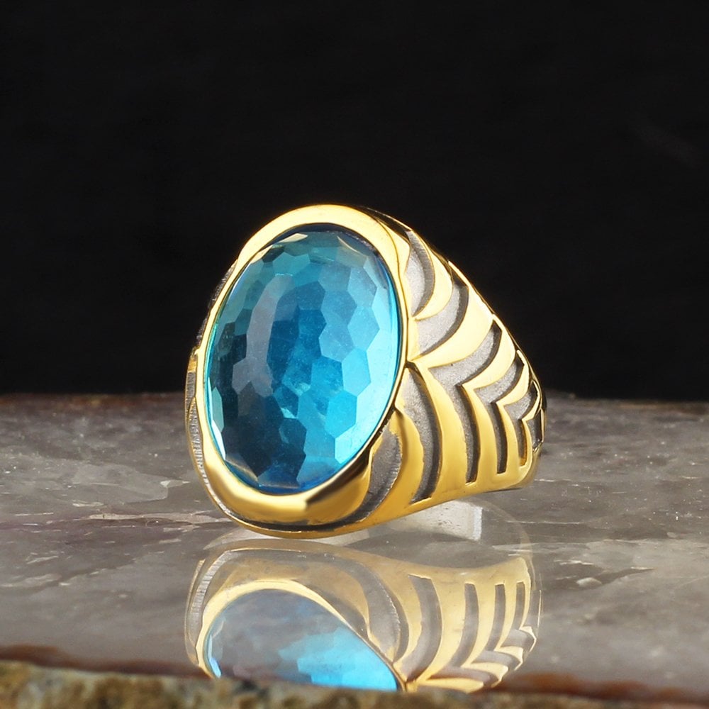 Blue Topaz Stone Rhodium Plated 925 Sterling Silver Men's Ring