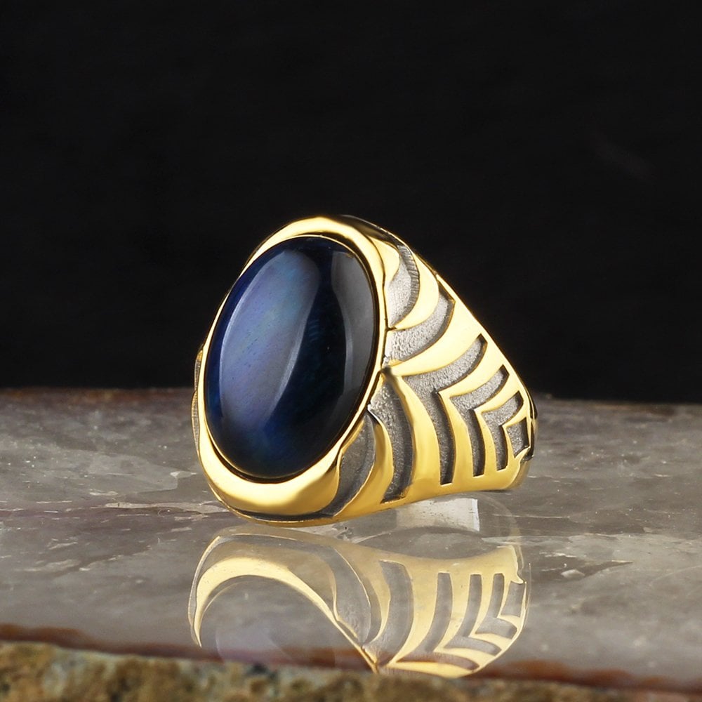 Blue Tiger Eye Stone Rhodium Plated 925 Sterling Silver Men's Ring