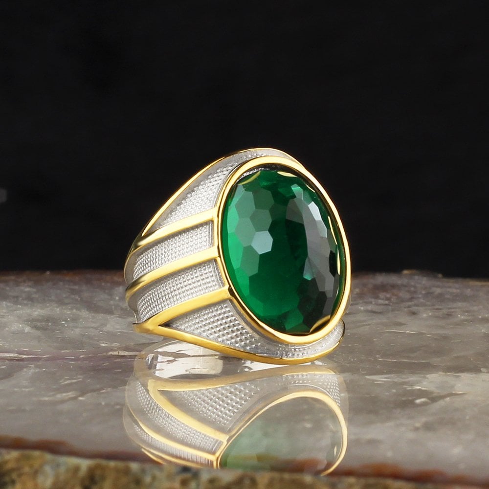 Green Zircon Stone Rhodium Plated 925 Sterling Silver Men's Ring