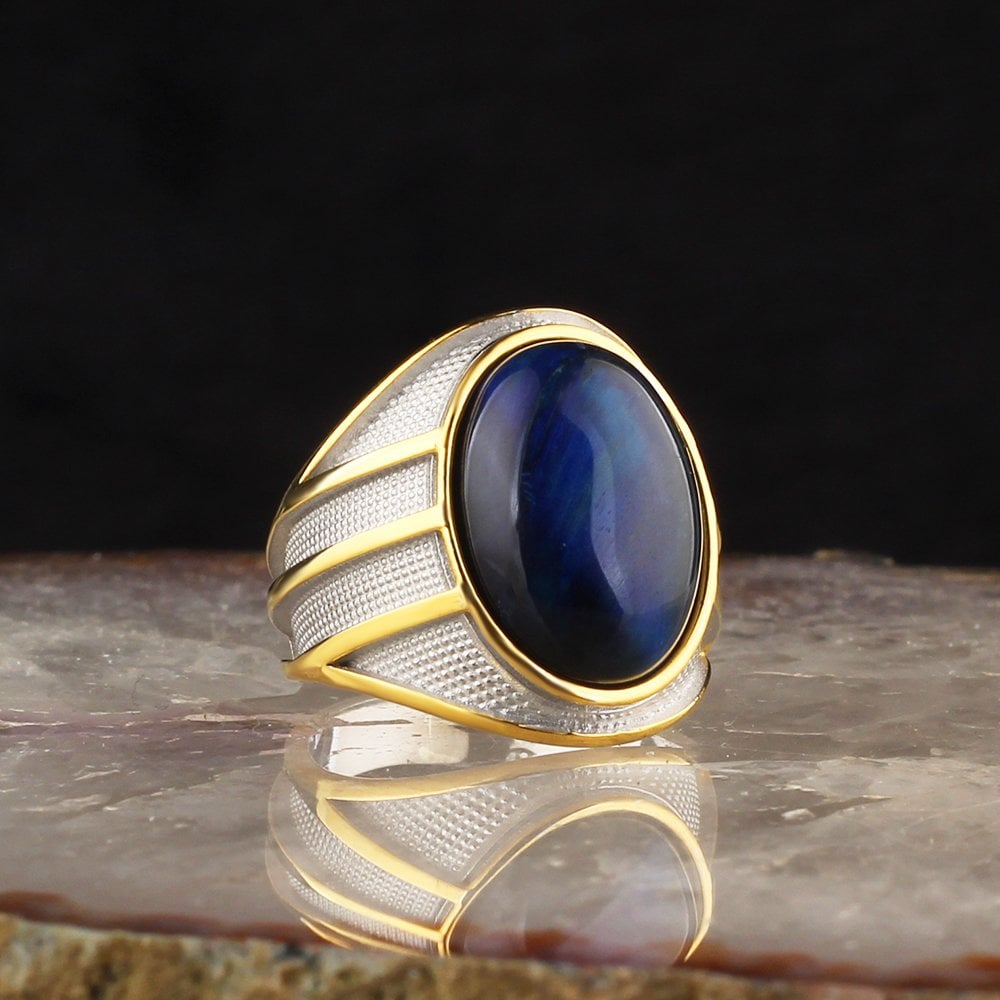 Blue Tiger Eye Stone Rhodium Plated 925 Sterling Silver Men's Ring