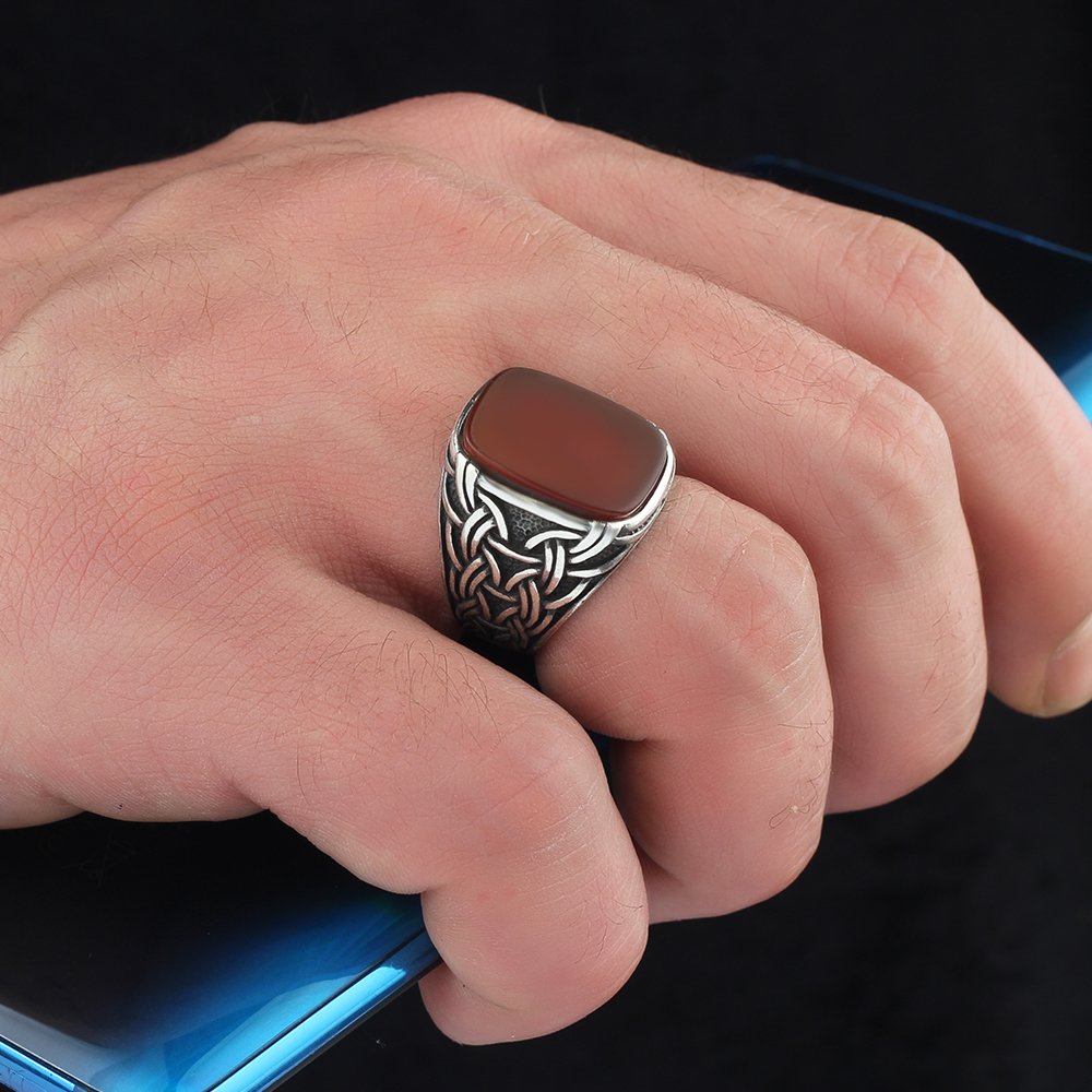 925 Sterling Silver Men's Ring with Agate Stone