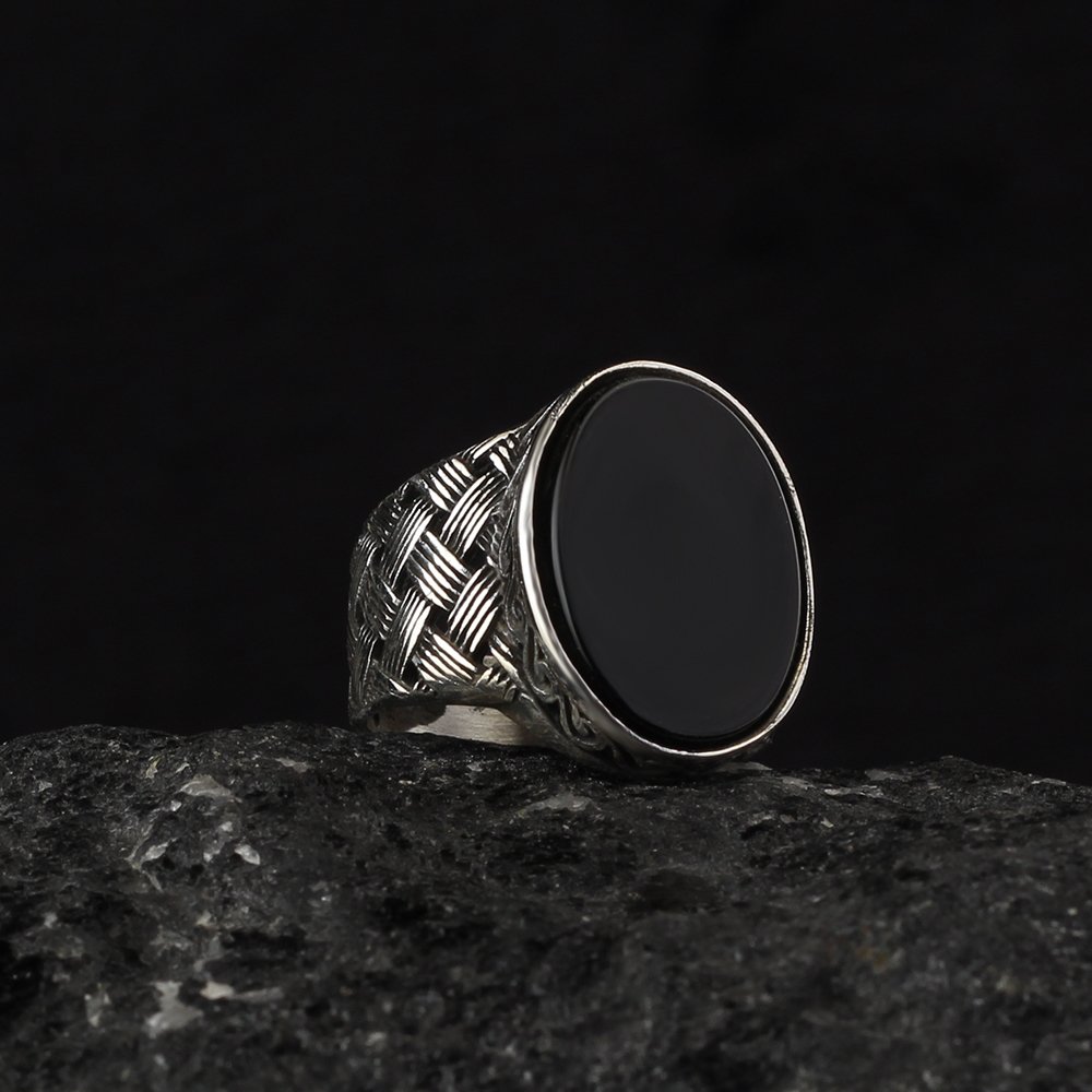Onyx Stone Braided Hand Engraved  925 Sterling Silver Men's Ring