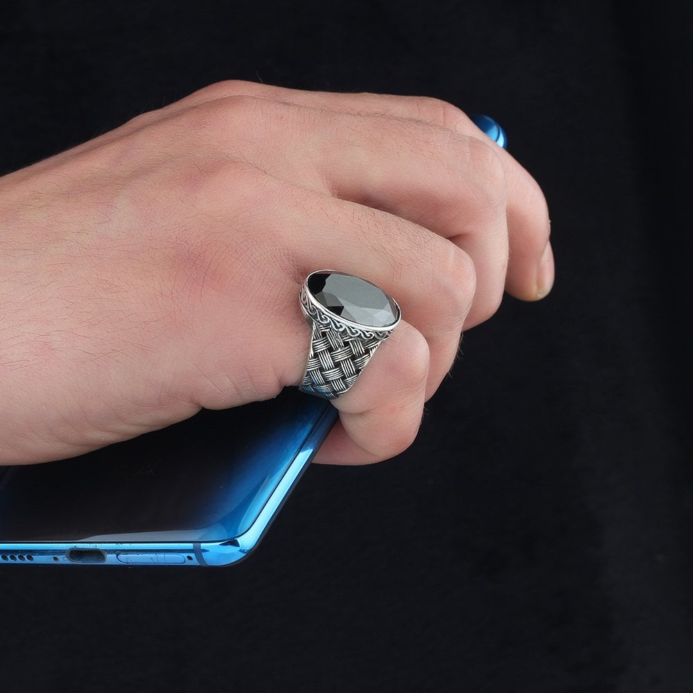 Zircon Stone Braided Hand Engraved  925 Sterling Silver Men's Ring