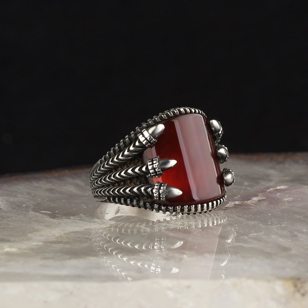 925 Sterling Silver Men's Ring with Red Agate Stone