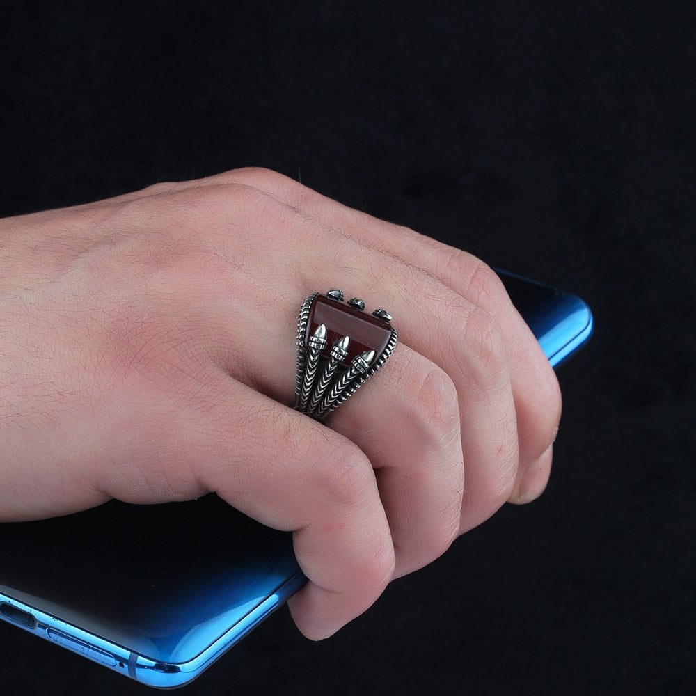 925 Sterling Silver Men's Ring with Red Agate Stone