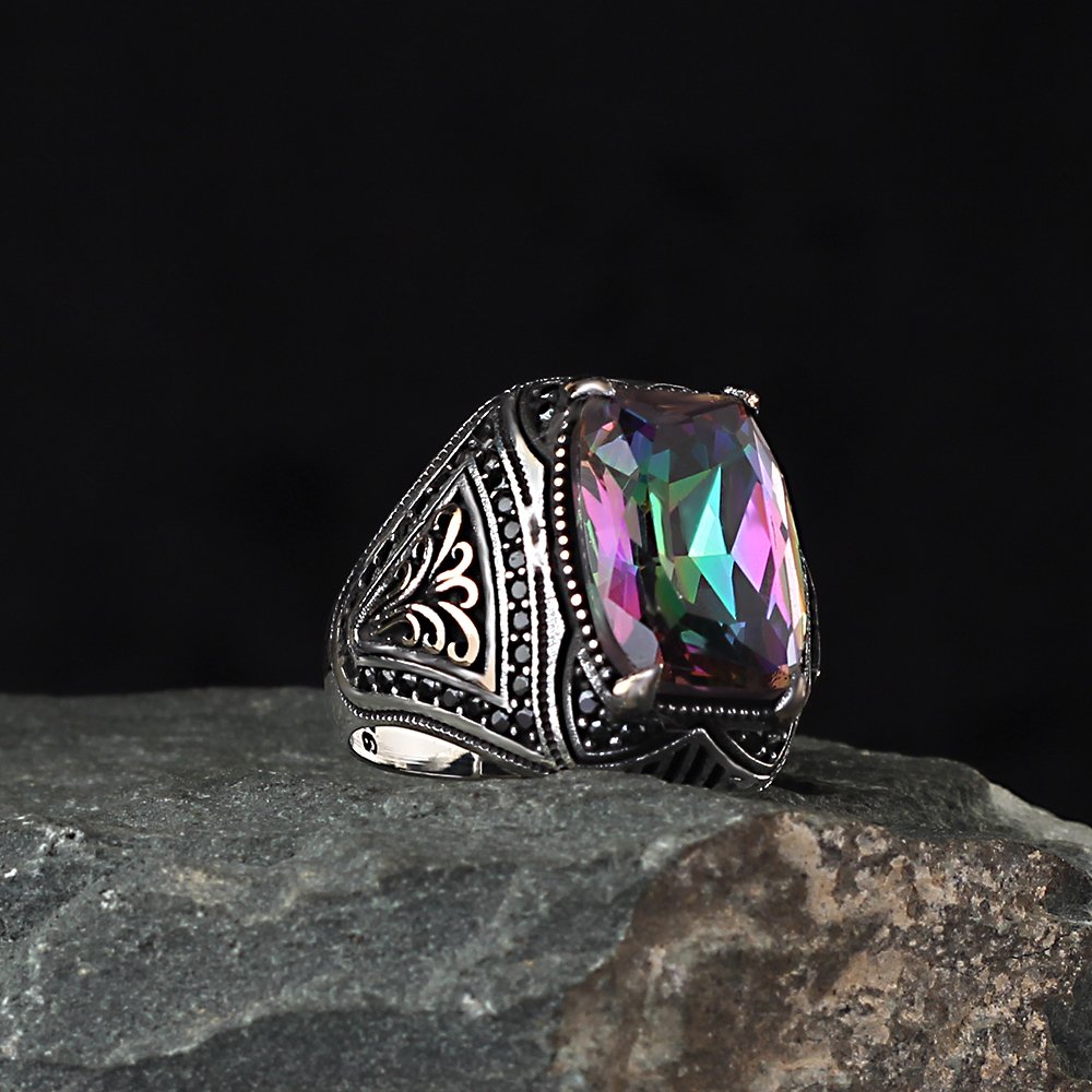 Mystic Topaz Stone Hand Engraved  925 Sterling Silver Men's Ring