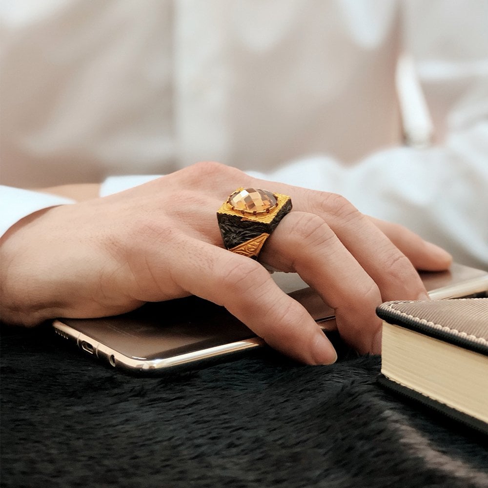 Hand Engraved , Rhodium Plated, Handcrafted, Citrine Stone, 925 Sterling Silver Men's Ring