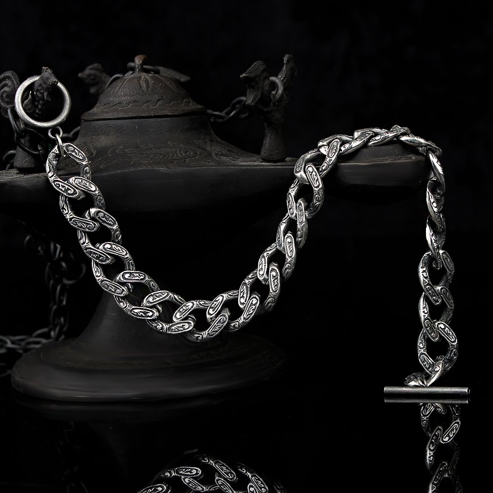 Hand Engraved  Silver Chain Braided Men's Bracelet