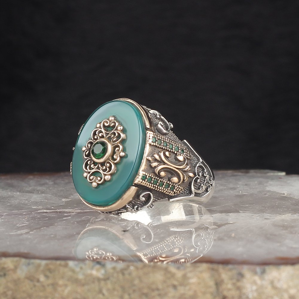 925 Sterling Silver Men's Ring with Agate Stone