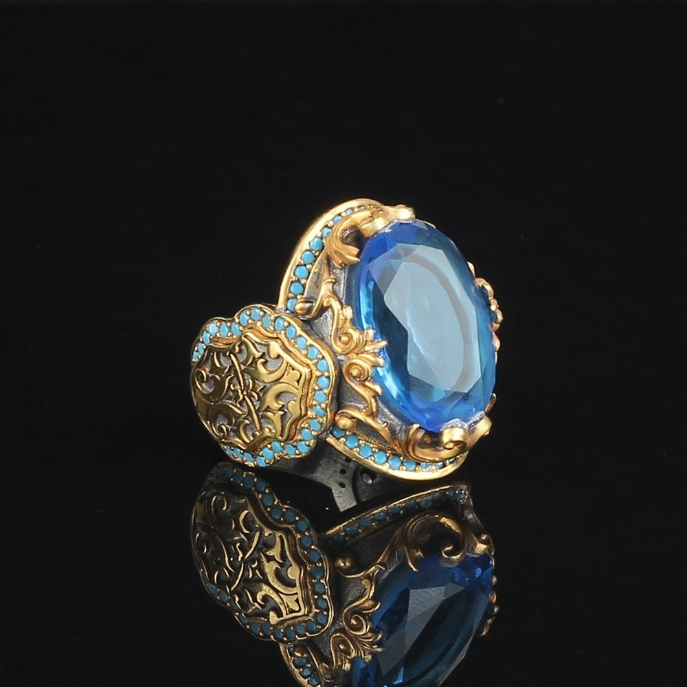 Rhodium Plated 925 Sterling Silver Men's Ring with Blue Topaz Stone