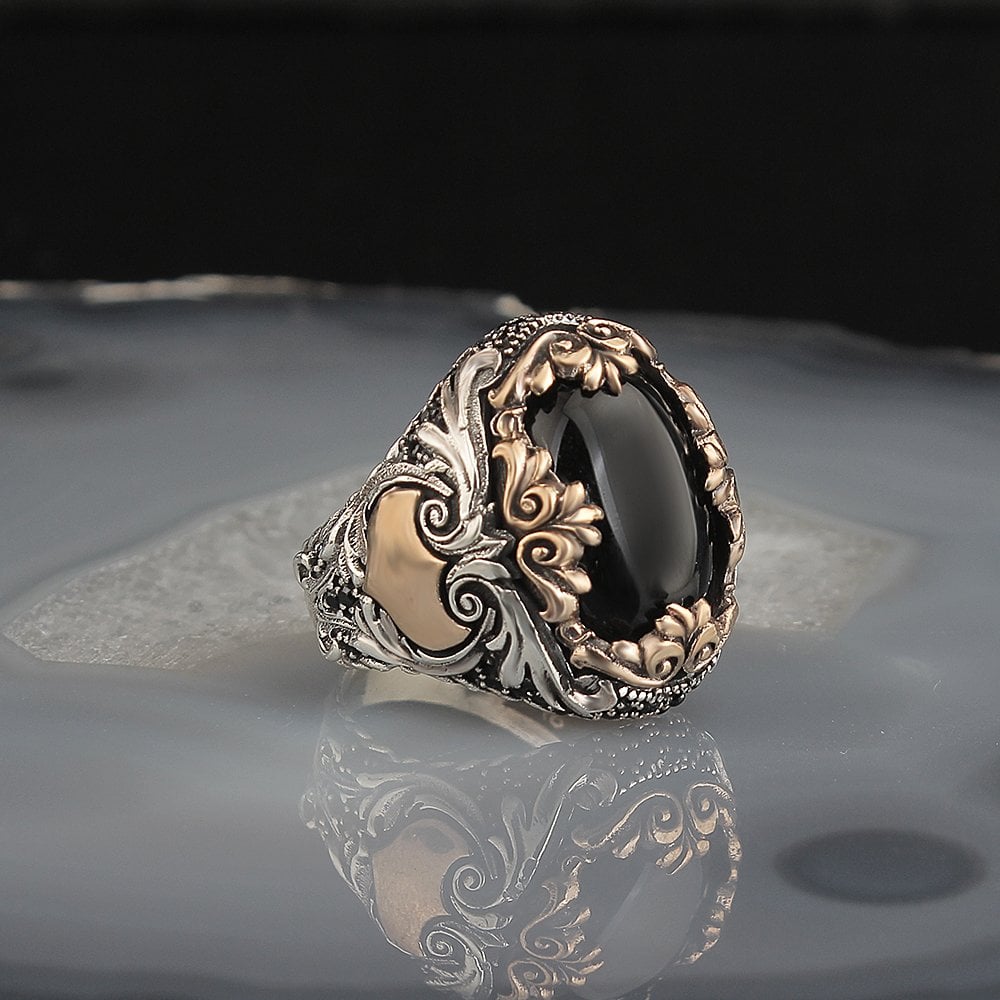 Onyx Stone Hand Engraved  925 Sterling Silver Ring