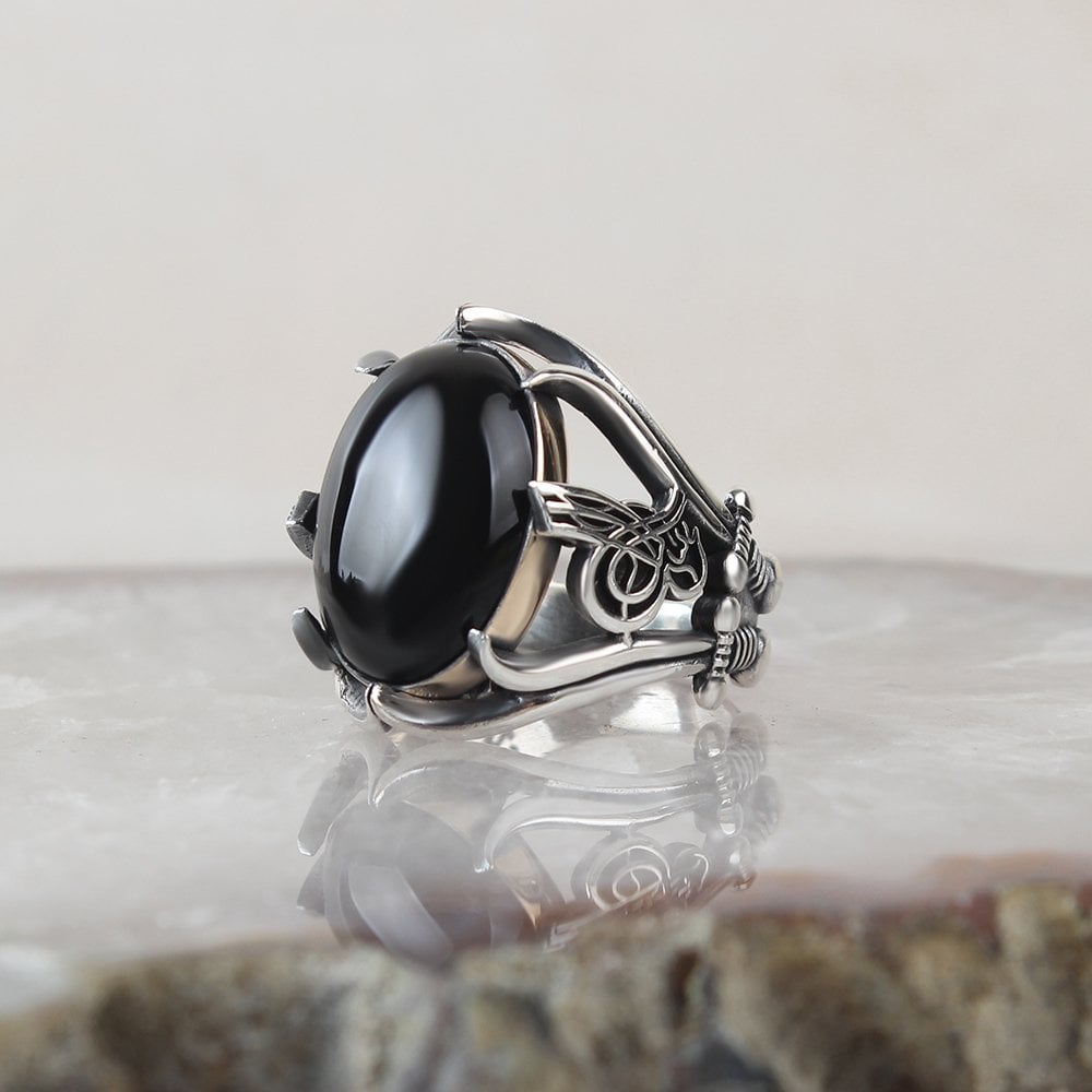 Men's Silver Ring with Onyx Stone Sword and Monogram