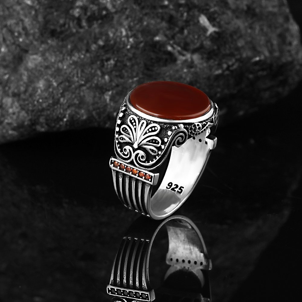 925 Sterling Silver Men's Ring with Agate Stone