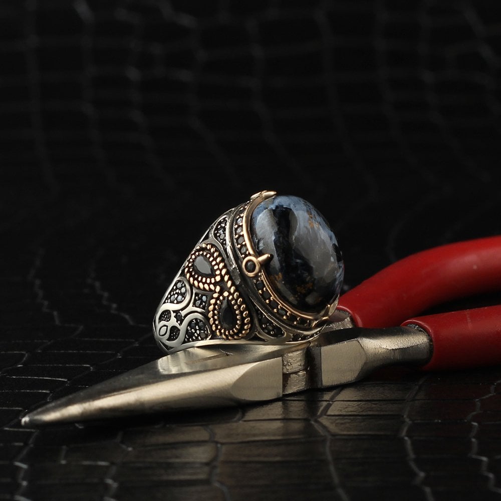 925 Sterling Silver Men's Ring with Pietersite Stone