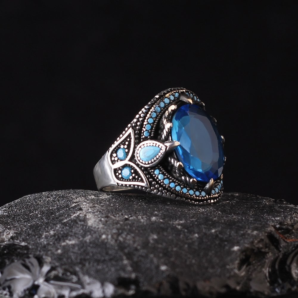 925 Sterling Silver Men's Ring with Blue Topaz Stone