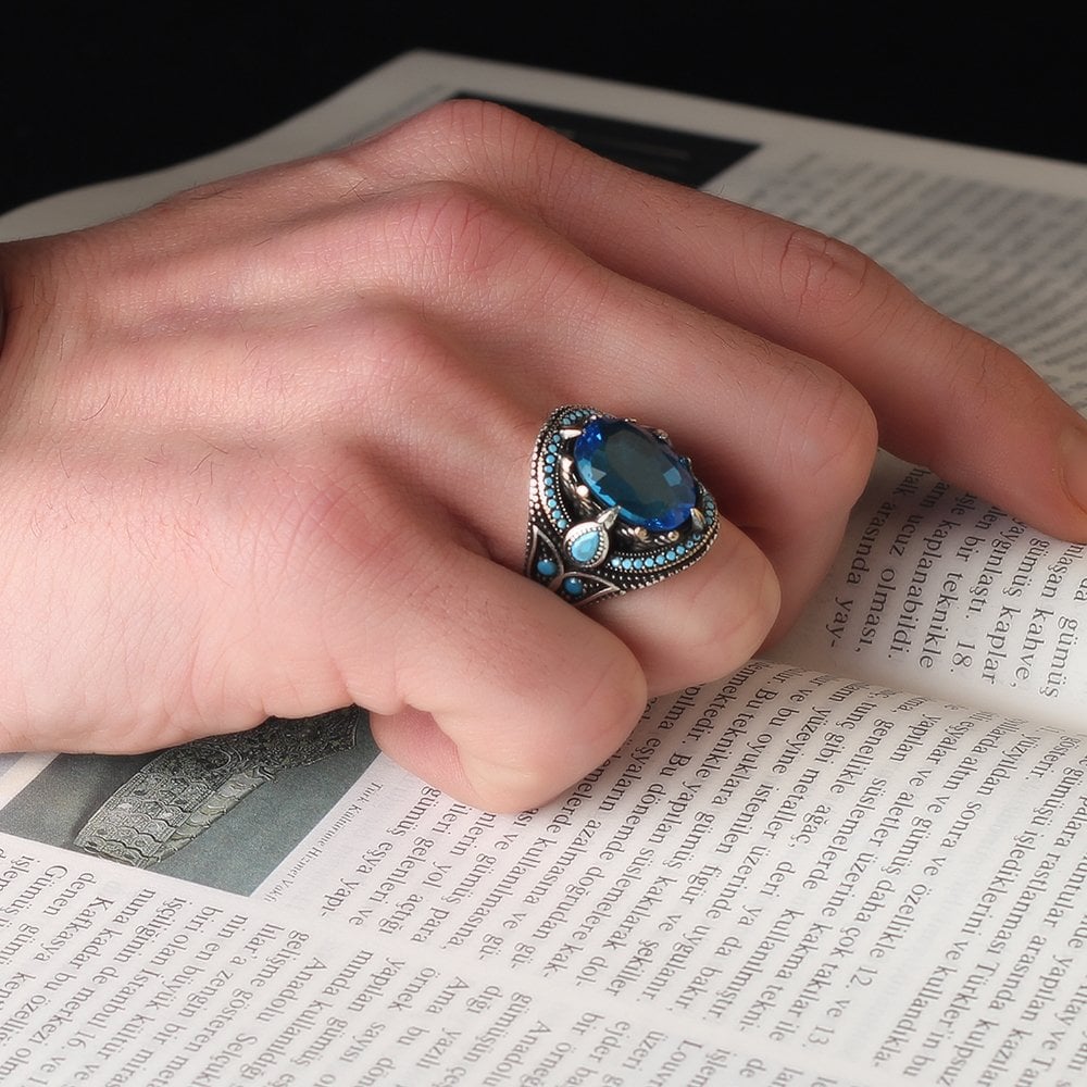 925 Sterling Silver Men's Ring with Blue Topaz Stone