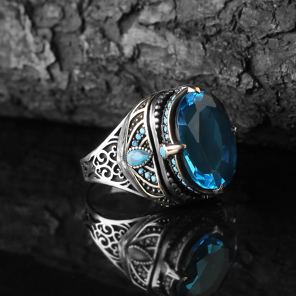 925 Sterling Silver Men's Ring with Blue Topaz Stone