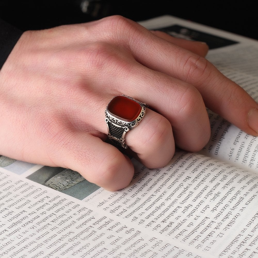 925 Sterling Silver Men's Ring with Agate Stone