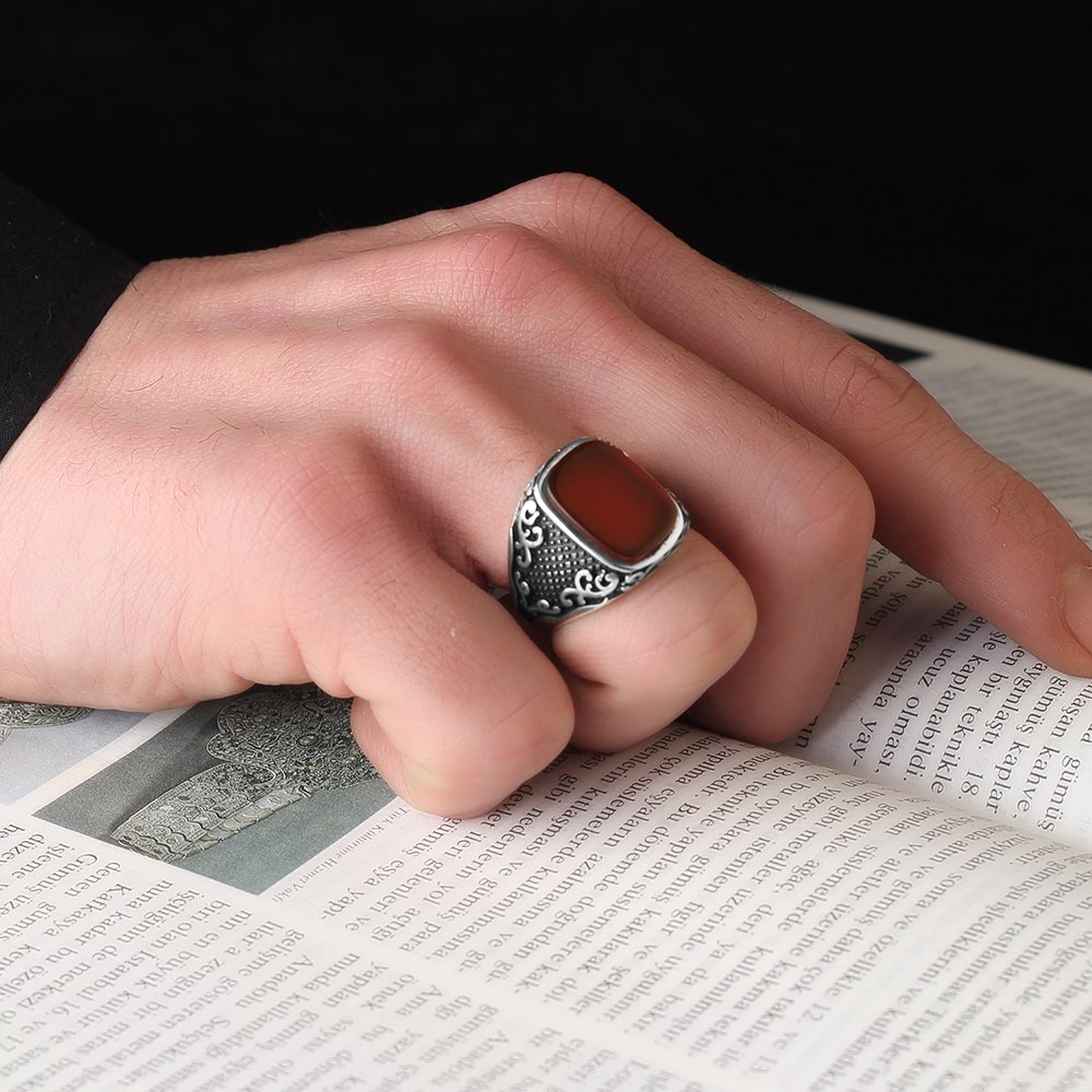 925 Sterling Silver Men's Ring with Agate Stone
