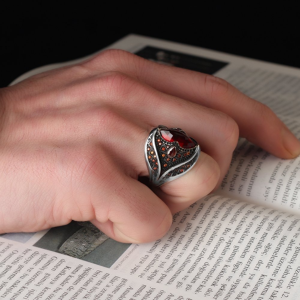 925 Sterling Silver Men's Ring with Marquise Cut Zircon Stone