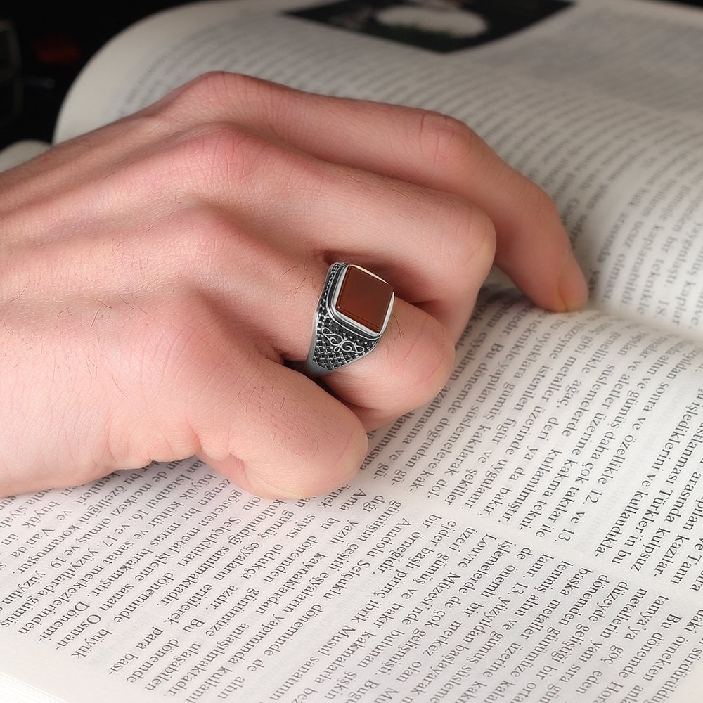 925 Sterling Silver Men's Ring with Agate Stone