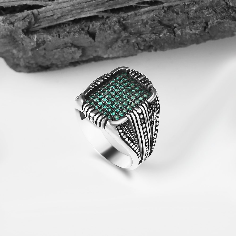 Micro Stone Hand Engraved  925 Sterling Silver Men's Ring