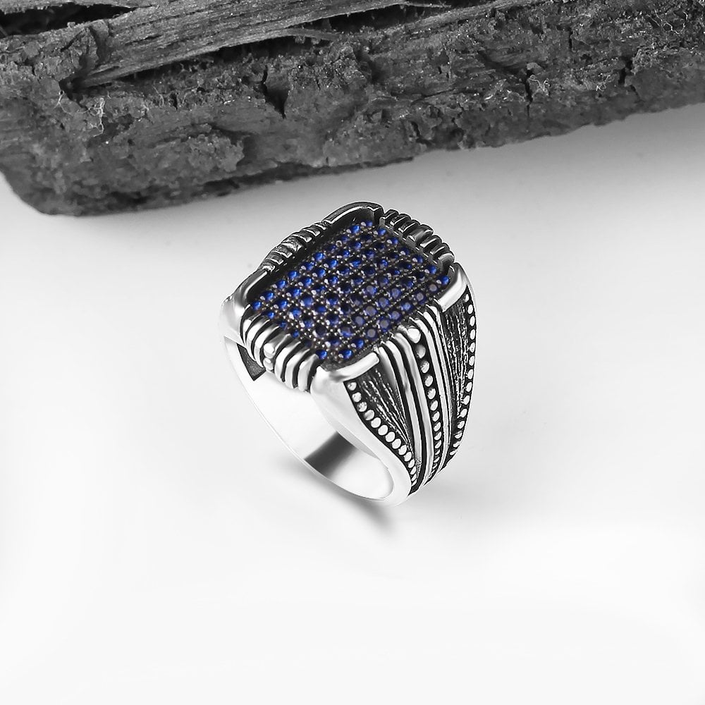 Micro Stone Hand Engraved  925 Sterling Silver Men's Ring