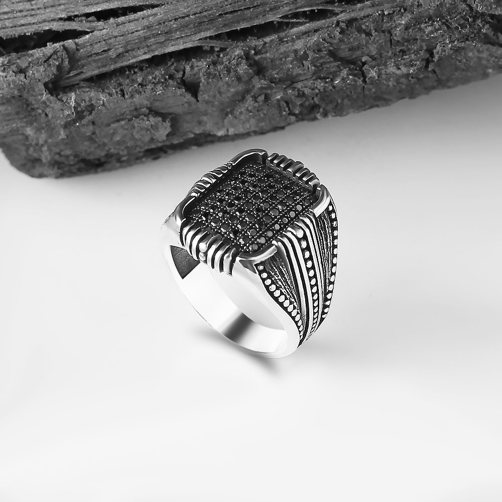 Micro Stone Hand Engraved  925 Sterling Silver Men's Ring