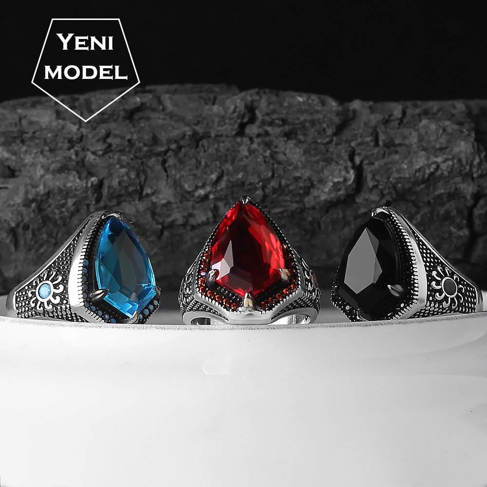 Zircon Stone Hand Engraved  925 Sterling Silver Men's Ring
