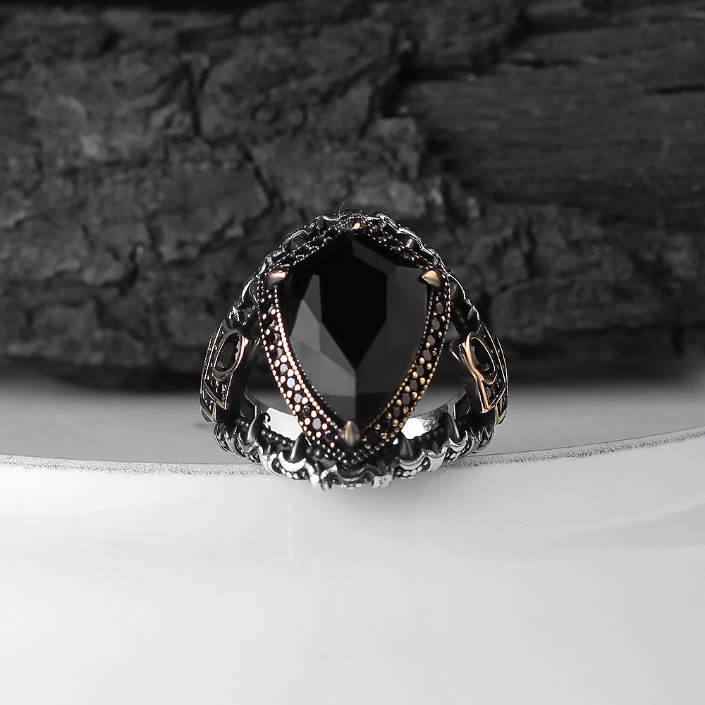 Zircon Stone Hand Engraved  925 Sterling Silver Men's Ring