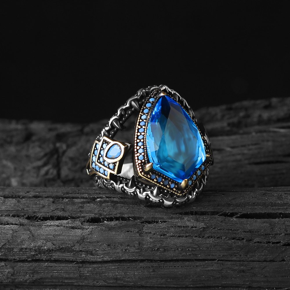 Zircon Stone Hand Engraved  925 Sterling Silver Men's Ring