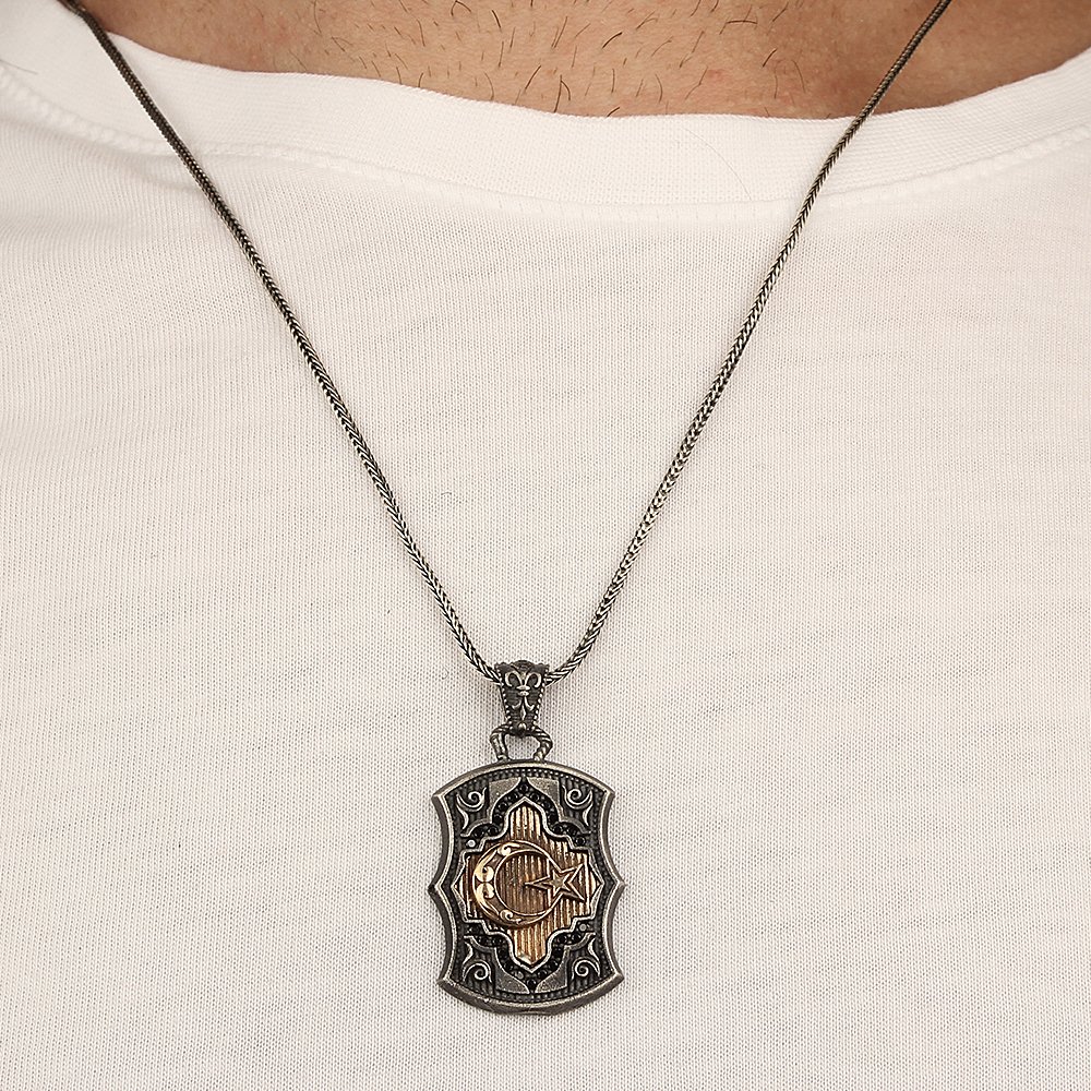 Crescent and Star Model 925 Sterling Silver Men's Necklace