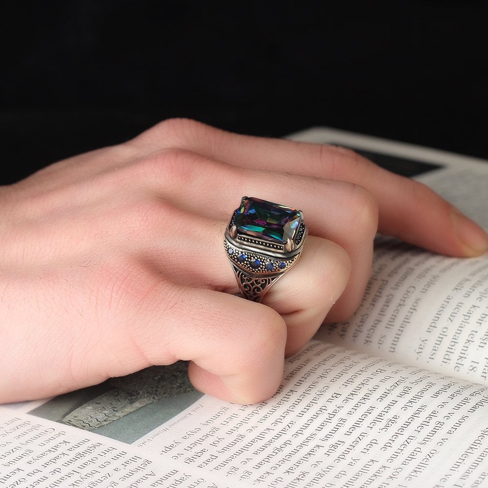 925 Sterling Silver Men's Ring with Mystic Topaz Stone