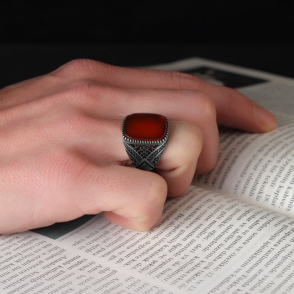 Agate Stone Hand Engraved  925 Sterling Silver Men's Ring