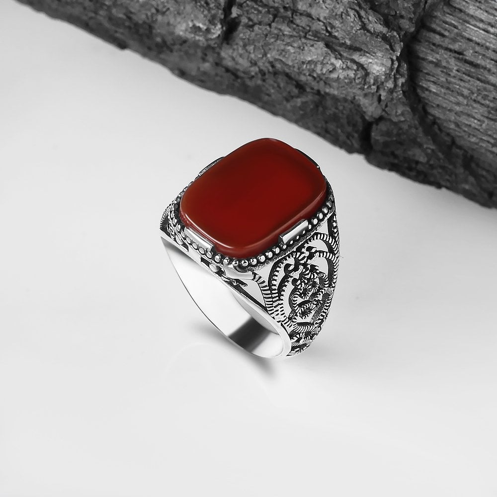 Agate Stone Hand Engraved  925 Sterling Silver Men's Ring