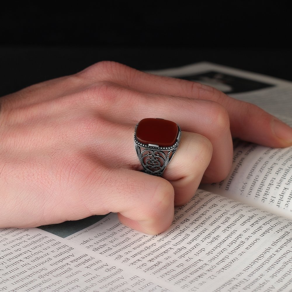 Agate Stone Hand Engraved  925 Sterling Silver Men's Ring