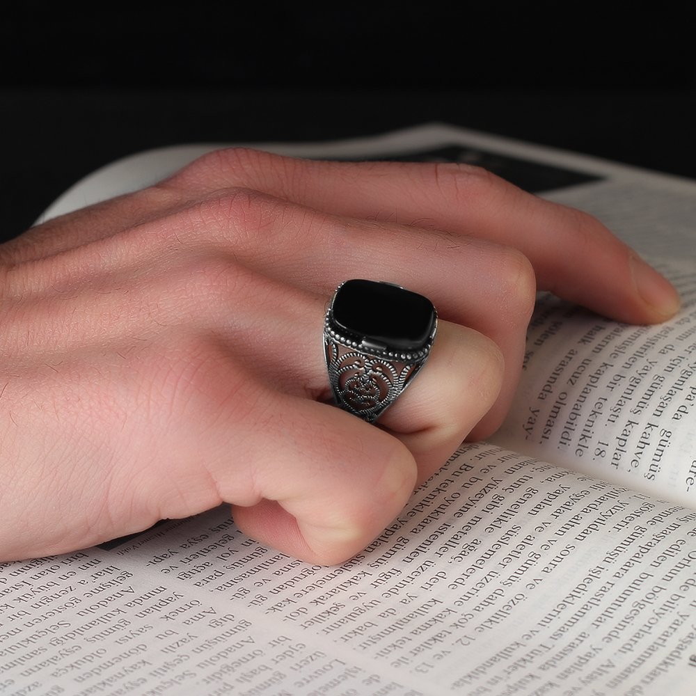 Onyx Stone Hand Engraved  925 Sterling Silver Men's Ring