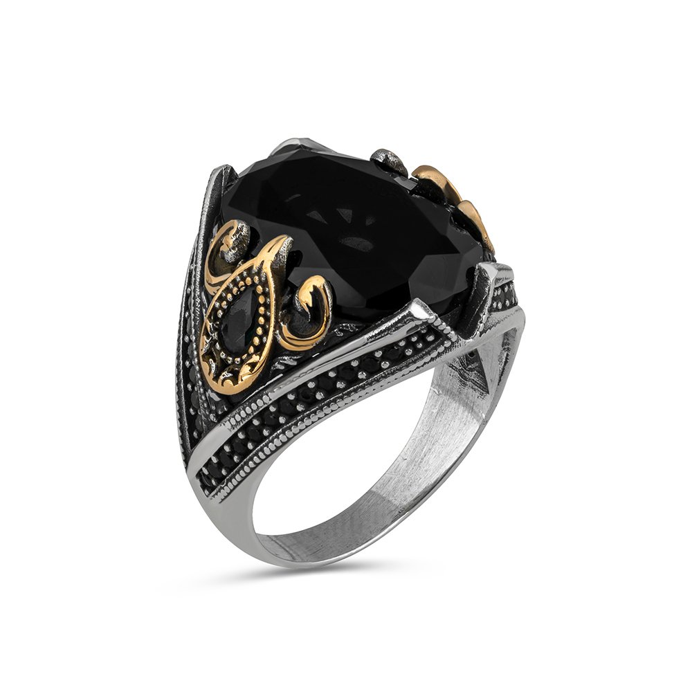 925 Sterling Silver Men's Ring with Black Zircon Stone
